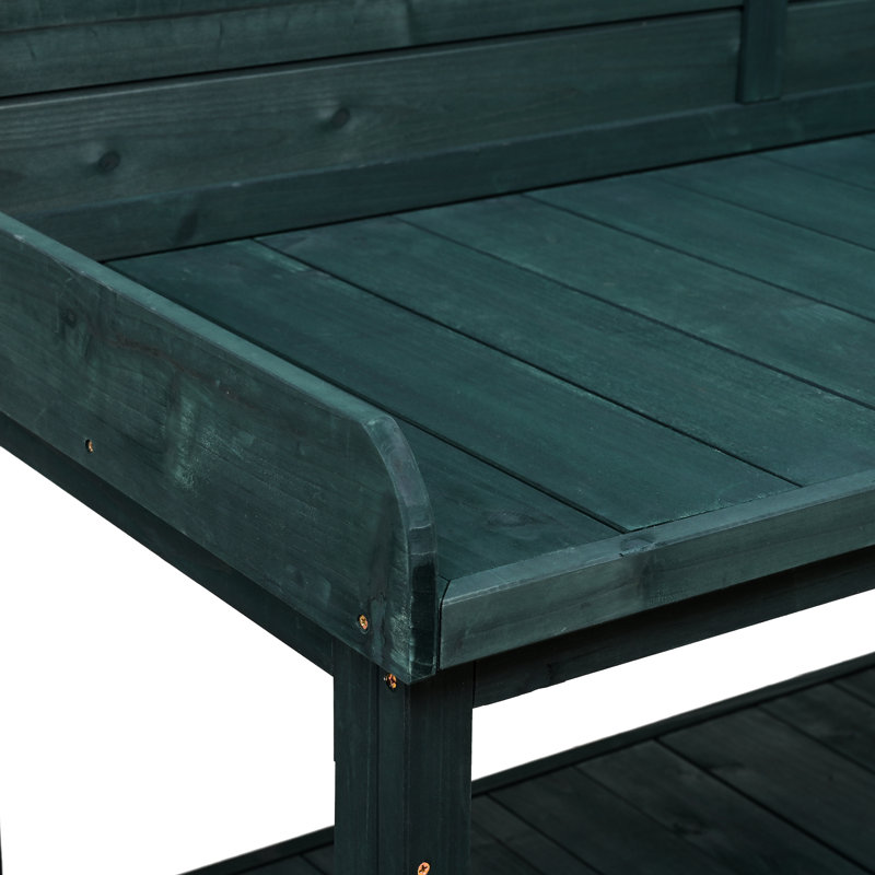 Banc de jardin en bois avec 4 tablettes de rangement et dispositif de chute, espaces extérieurs forêt 46,8 x 18,5 pouces