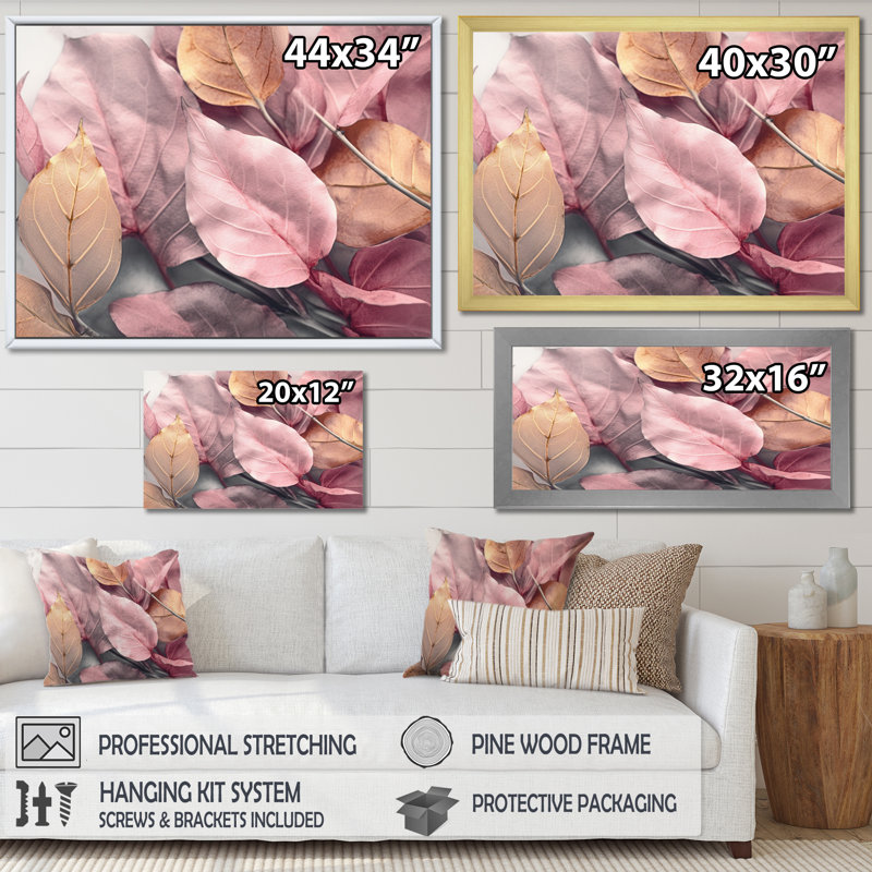 Or rose, feuilles et harmonie II - art floral sur toile, Toile tendue, H 34 po x l 44 po x P 1,5 po