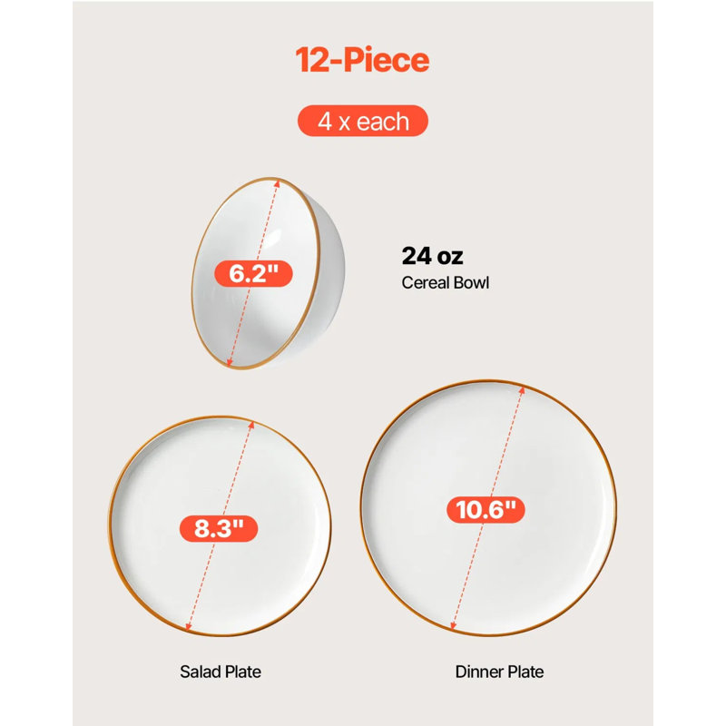 Service de table en céramique 12 pièces, service pour 4 personnes - Assiettes et bols ronds résistants aux égratignures, va au lave-vaisselle et au micro-ondes, service de vaisselle blanc complet pour tous les jours