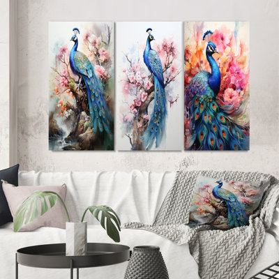 «Blue Pink Peacock Watercolor», 3 pièces sur toile