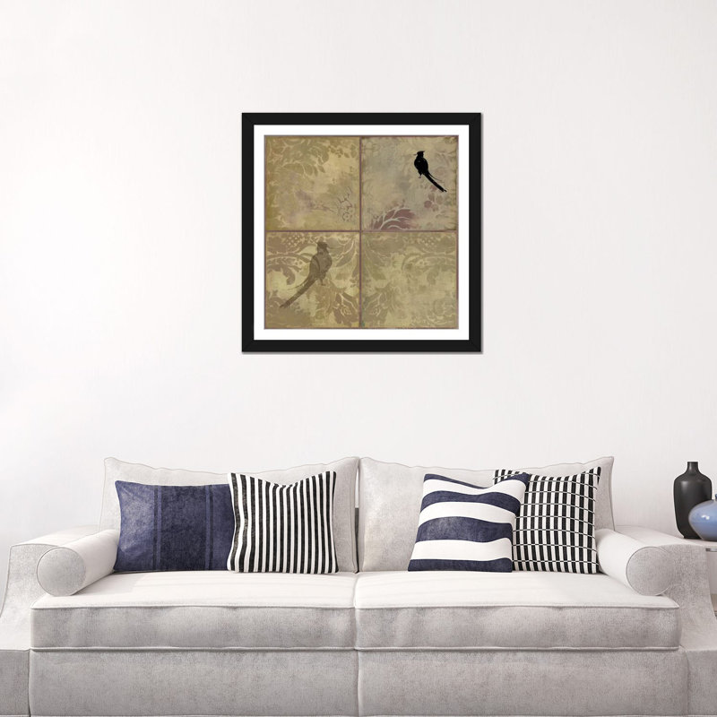 «Damask Birds», reproduction sur toile, H 16 po x l 16 po x P 1 po, Papier beaux-arts encadré noir, Blanc