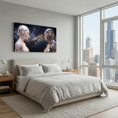 White and Silver Futuristic Robots in Starry Galaxy Canvas Wall Art 47 x 24 x 1.5 Inch