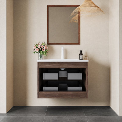 Meuble-lavabo de 61 cm avec lavabo, armoire de rangement murale flottante en contreplaqué rayé avec 2 tiroirs, lavabo rectangulaire en céramique blanche, sans robinetterie, préassemblée