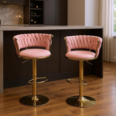 Set of Two Pink and Gold Velvet and Metal Low Back Adjustable Height Swivel Bar Chairs
