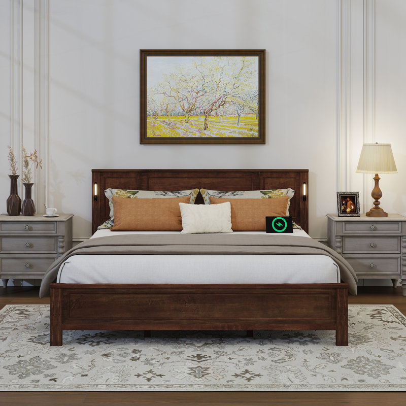 King Size Bed with Tall-Panel Headboard, Walnut, King
