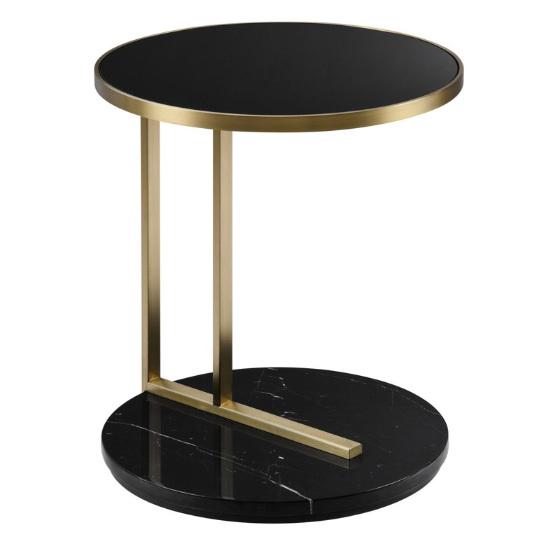 Midas Glass Tray Top End Table, Black Top/Black Marquina Base