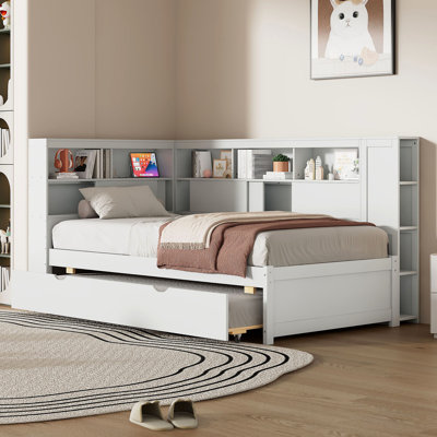 Lit de jour en bois avec tablettes de rangement, USB et lit gigogne