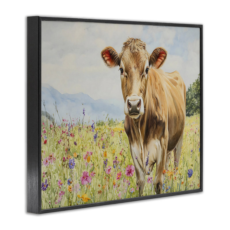 Vache suisse dans un pré, estampe numérique, design par Franklyn Gregory, H 11 po x l 14 po, Giclée encadrée noir minuit