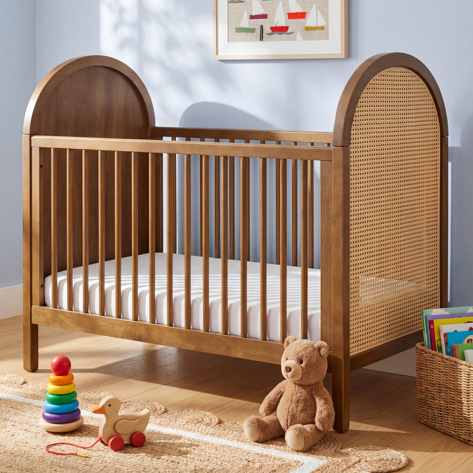 Bondi Pine 3-in-1 Convertible Crib, Natural Walnut with Natural Cane