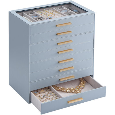Jewelry Box Organizer, 8 Layers Storage Case with Glass Window Ring Earring Bracelet Necklace Holder
