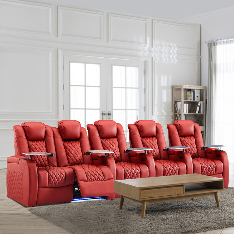 Siège de cinéma en cuir gris avec porte-gobelet, Cuir véritable rouge