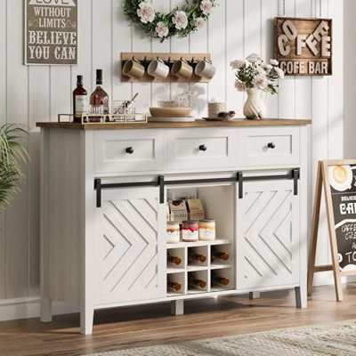 Rustic Farmhouse Sideboard Buffet Cabinet, Features Sliding Barn Door, Three Spacious Drawers, Removable Wine Rack, and Adjustable Interior Shelf, Ver