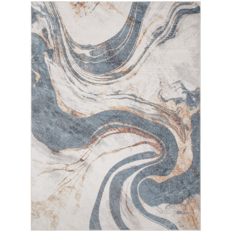 Nourison Astra Machine Washable Ivory Blue Modern Indoor Rug, Rectangle 4' x 6'