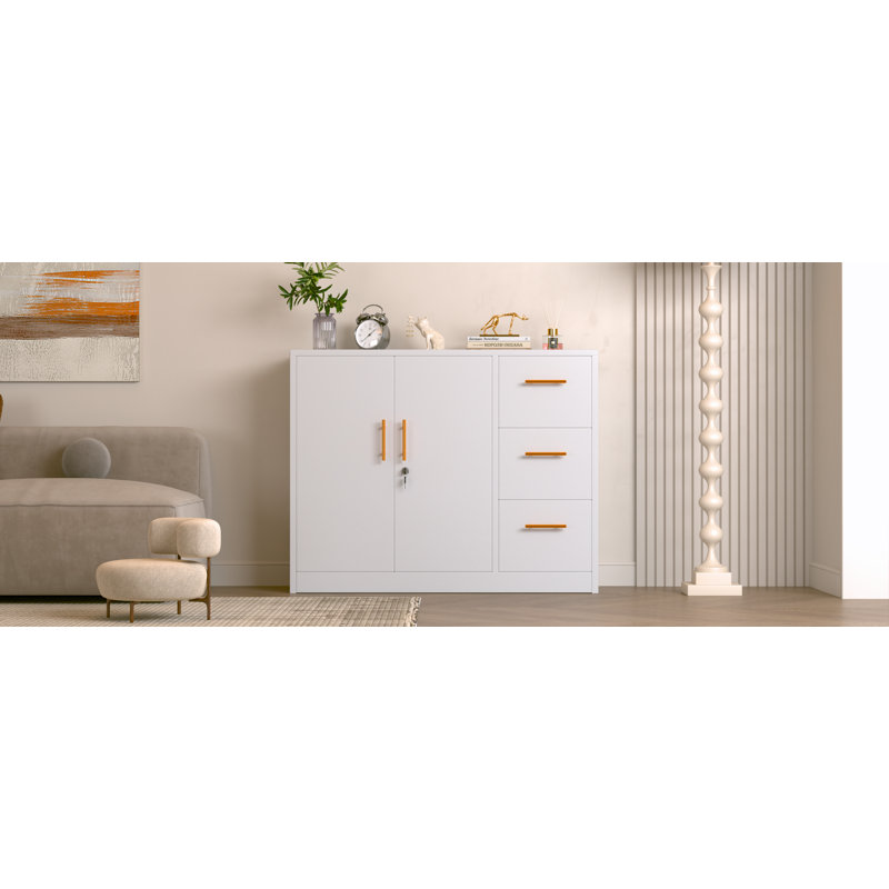 White Metal Sideboard Buffet Cabinet with Gold Handles