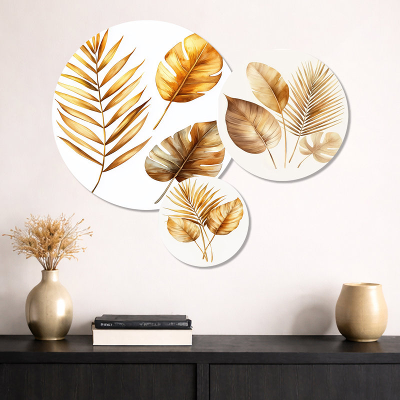 «Brown Tropical Beiges Leaves I» - botanique, art mural en métal 3 pièces