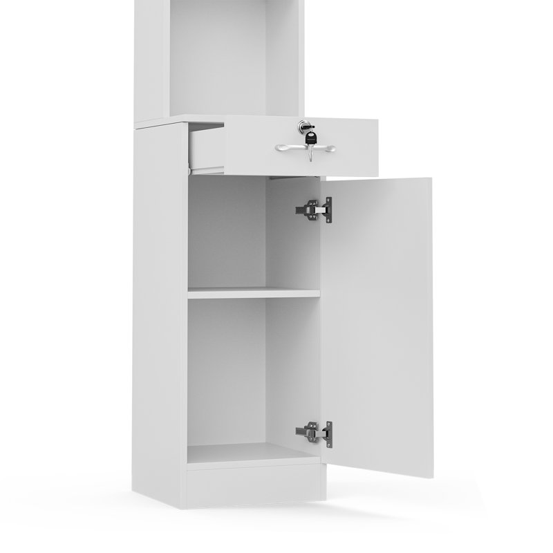 Station de rangement autoportante pour salon de beauté Carnkirn, avec tiroir et tablettes ouvertes, support pour sèche-cheveux