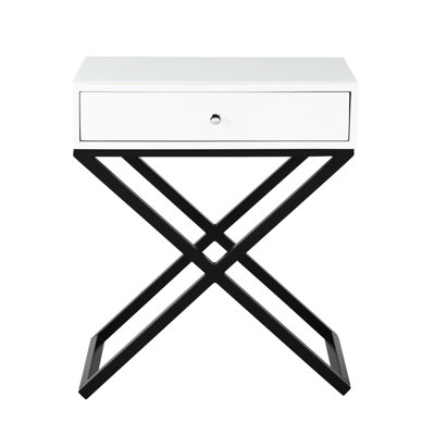 Table de chevet blanche 23 po avec plateau en verre, tiroir et table d'appoint en métal à l'intérieur 23