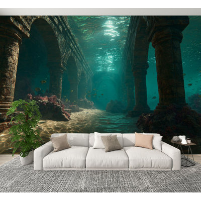 Sea Peel and Stick Wallpaper Serene Lost Ruins Marine Life Soft Light Wall Murals 100"H x 144"W Removable PVC Wall Paper Self-Adhesive Wall Decor for Bedroom Bathroom Living Room Home Office