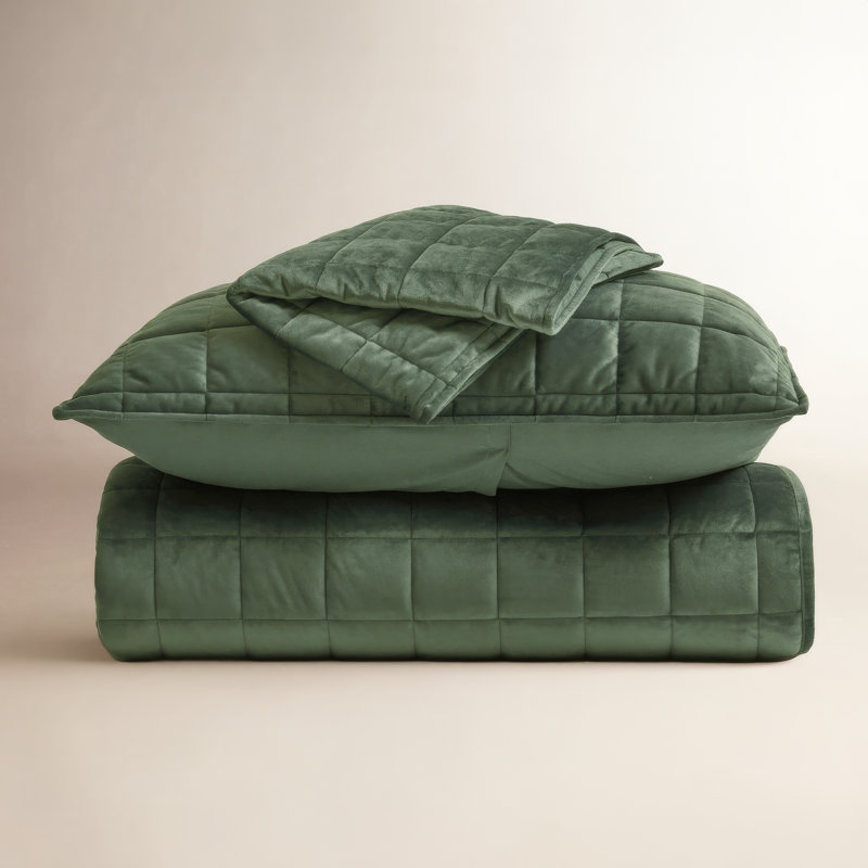 Box Stitch PearlVelvet Quilt set, Queen Quilt + 2 Standard Shams, Olive Green
