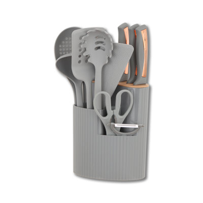 15-Piece Kitchen Knife & Utensil Set With 360° Rotating Storage Caddy - Includes Stainless Steel Knives, Silicone Tools, And Sharpener - Gray