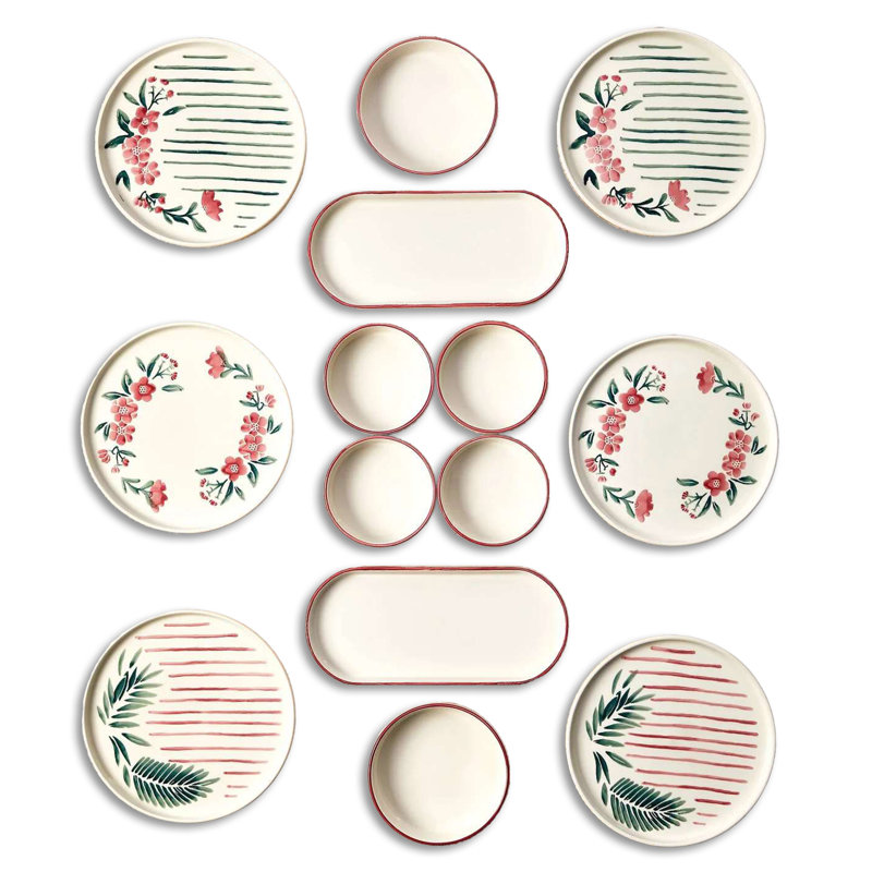 14 Pieces 100% Ceramic Floral Round & Oval Breakfast Set