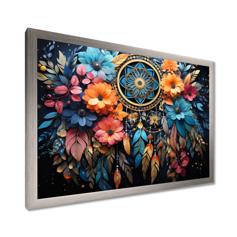 Teal Dream Catcher Dreams In - Dreamcatcher, art mural, H 30 po x l 40 po x P 1,5 po, Cadre photo gris