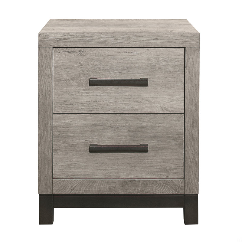 1pc Nightstand of 2x Drawers Metal Bar Hardware Premium Melamine Board Wooden Bedroom Furniture, Light Gray