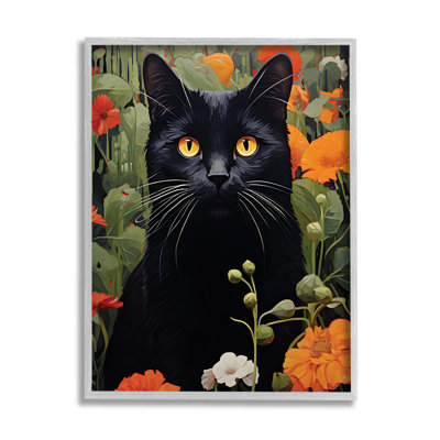 Ba-353-Framed " Black Cat Garden Flowers "