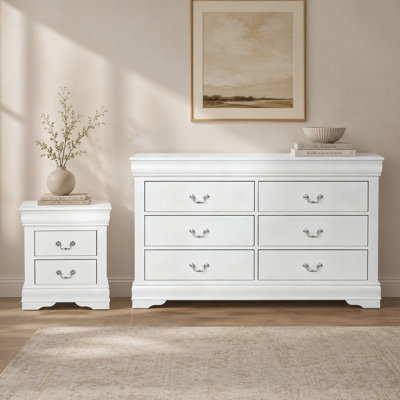 2‑Piece Transitional Bedroom Furniture Set, 6‑Drawer Dresser + 2‑Drawer Nightstand, Solid Wood Storage Cabinet