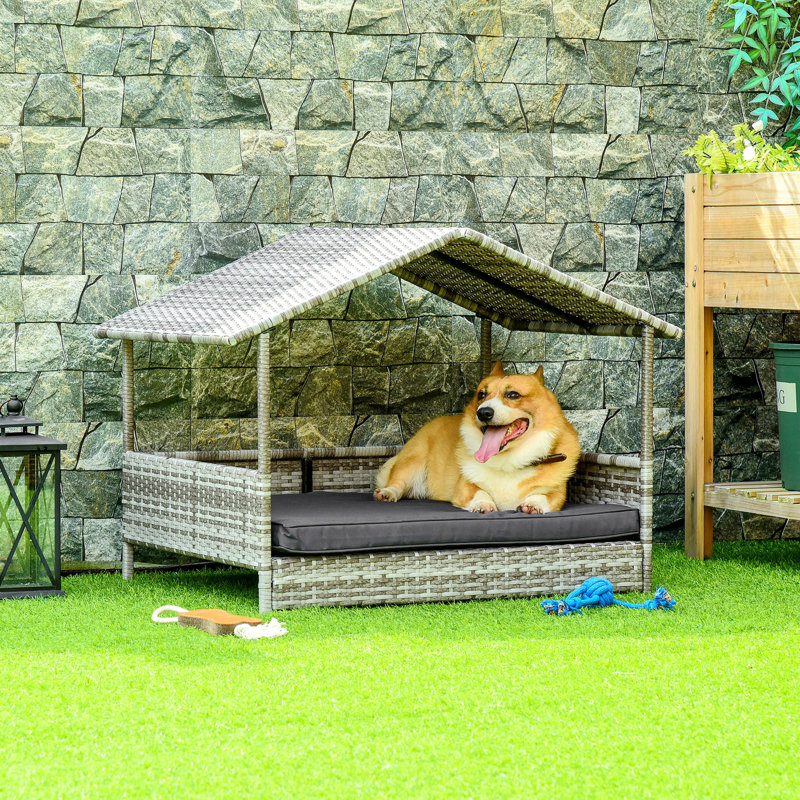 Niche pour chien en rotin avec coussin imperméable PawHut Wicker, H 28,7 po x l 27,2 po x P 38,6 po, Gris