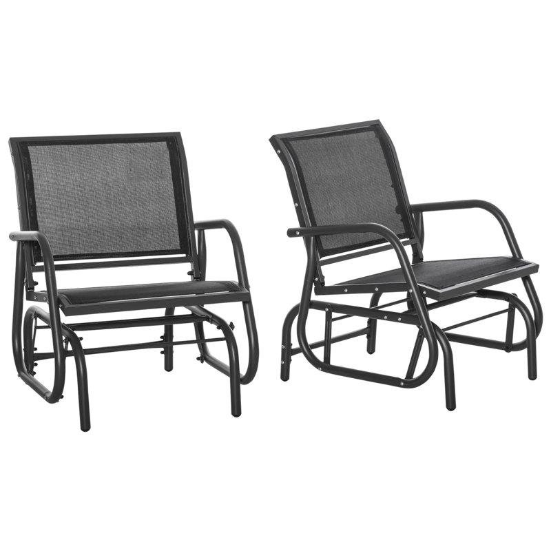 Outsunny Porch Glider Set of 2, Metal Frame Swing Glider Chairs with Breathable Mesh Fabric, Curved Armrests and Steel Frame for Garden, Poolside, Backyard, Balcony, Black