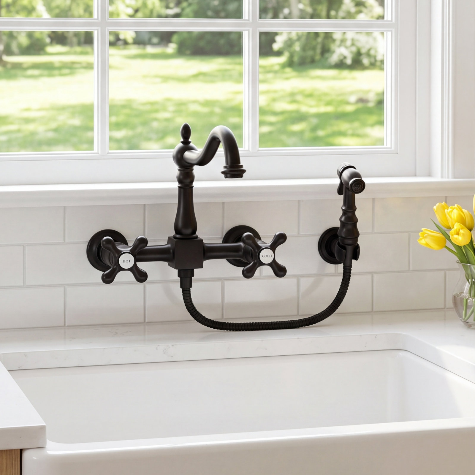 Kingston Brass Heritage Double-Handle 3-Hole Wall-Mount Bridge Kitchen Faucet with Brass Sprayer, Oil rubbed bronze