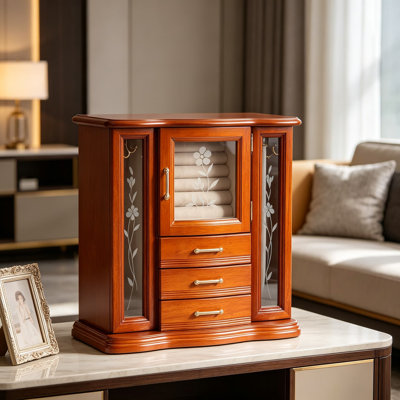 Mel-Co Richmond Wooden Jewelry Box with Walnut Finish, Upright Design with Scroll-Footed Platform Base, Dual Necklace Closets with Etched Glass Doors and Mirrored Backs, Ring Roll Closet
