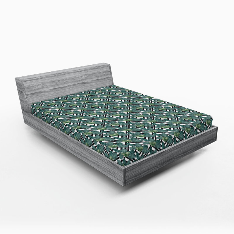 Ambesonne Nature Fitted Sheet Leaves Botanical Style Art, King Fitted Sheet, Gray/Teal/Black/White Floral