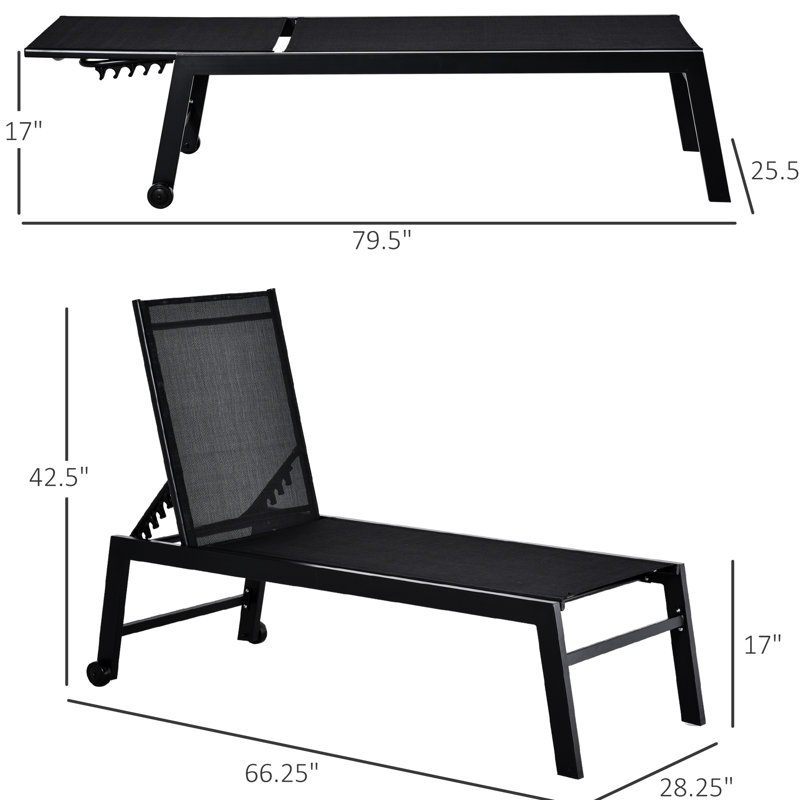 Black Patio Lounge Chair With 5 Reclining Feature And Wheels - Outdoor For Pool, Beach, Lawn Poolside Chair, , 2 Wheels, Comfortable Use