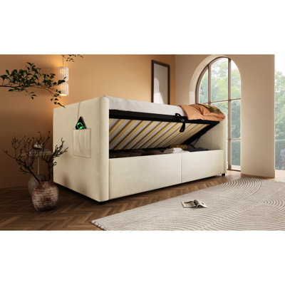 Lit de jour simple rembourré en velours beige avec cadre de lit de rangement hydraulique, charge de type C, lattes et dossier en bois, parfait pour la chambre d'amis Structure et lit de jour, rangement, arrière