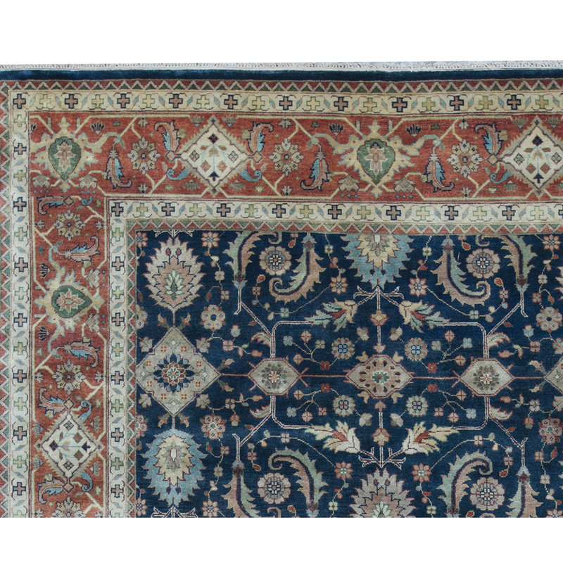 Tapis bleu et rouille de haute qualité noué à la main