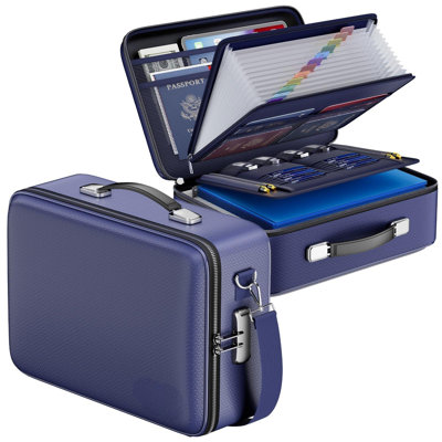 Fireproof Document Box With Lock＆Shoulder Strap,Hard Case File Organizer With Accordion File Folder,Multi-Layer Portable Home Office Travel Safe Storage For Important Documents Laptop Blue