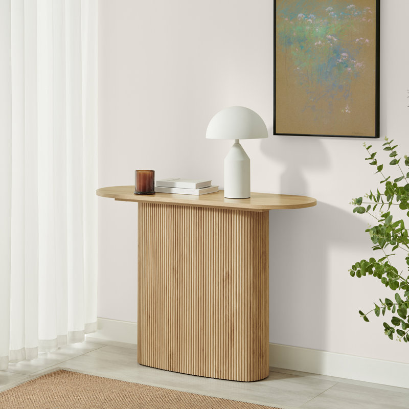 Penny Pillar Round Wood Console Table - Simple & Elegant Scandi Style, Oak