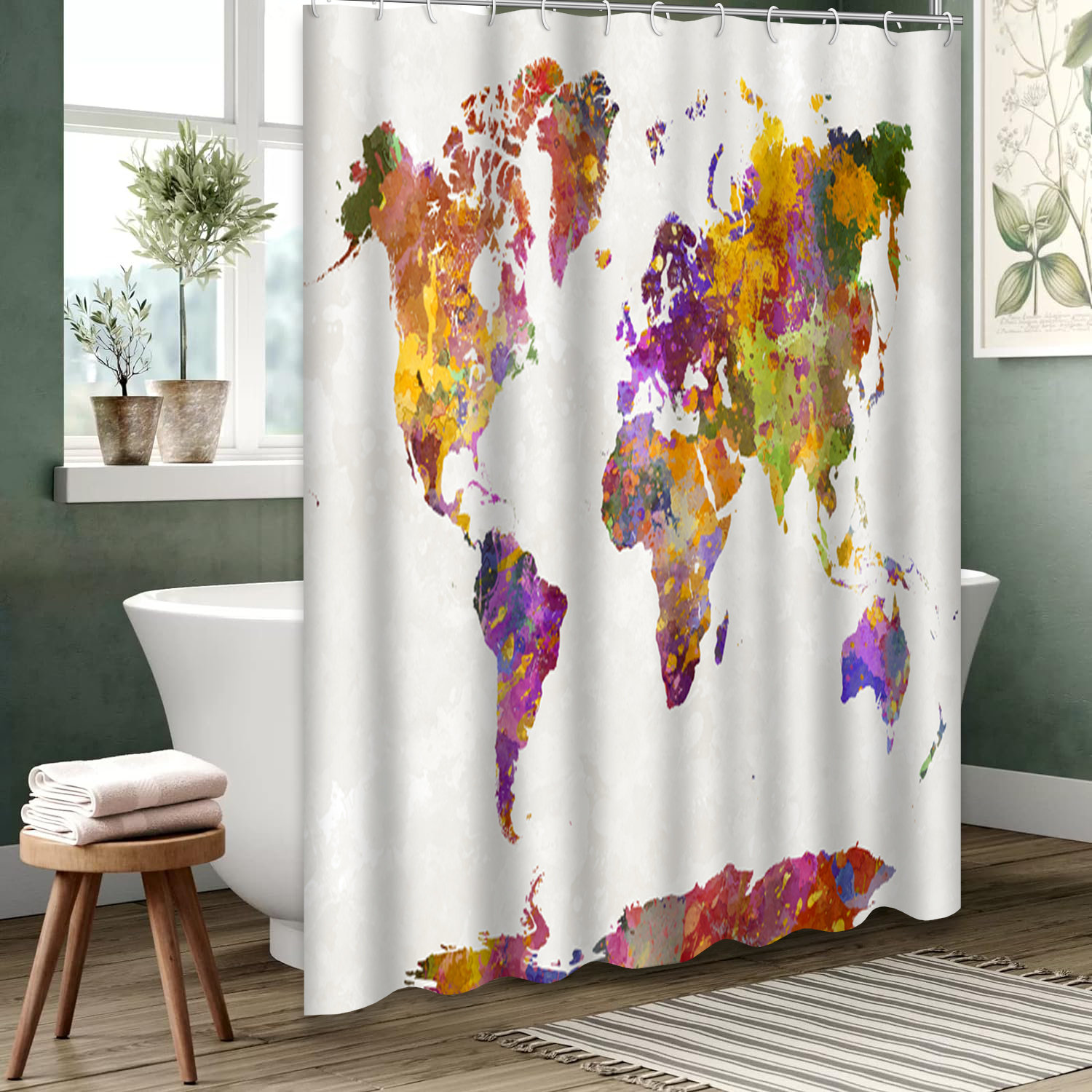 FYATHM Earth Waterproof Shower Curtain,World Map Watercolor Painting