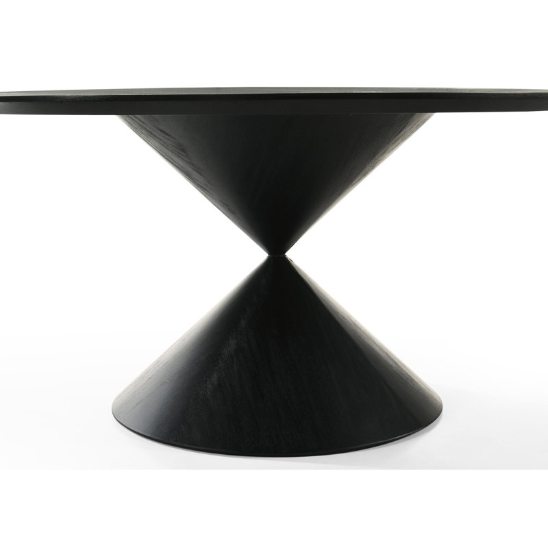 Table de salle à manger ronde 59 ", finition ébène, base, bois massif +, aspect naturel noir, surface en placage