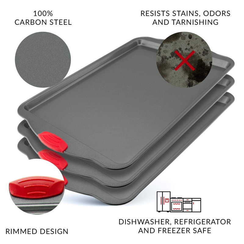 Heavy-Duty Nonstick Gray Sheet Pans with Red Silicone Grips