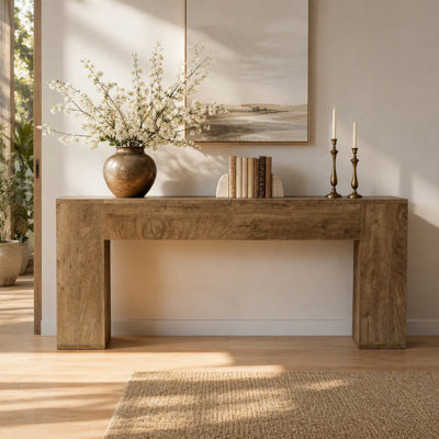 Console de style champêtre de 200 cm de long avec 2 tiroirs dissimulés et tablettes latérales, table d'entrée brune chaude pour salon et couloir