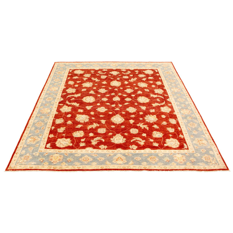 Tapis décoratif en laine de conception unique 8 pi 1 po x 9 pi 9 po noué à la main New Age en laine rouge/beige/gris