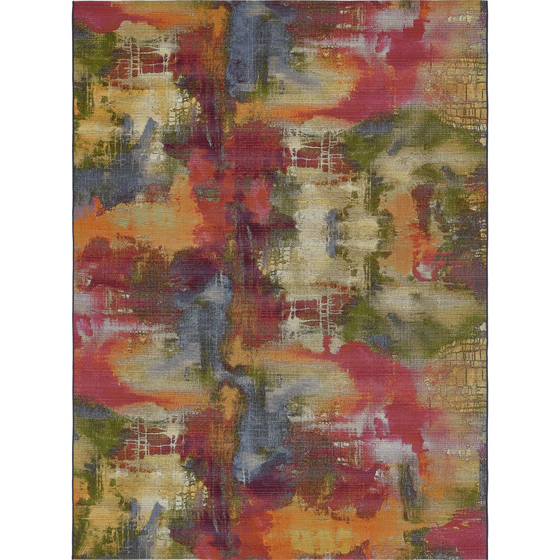 Tapis d'intérieur / extérieur vert / bleu à motif abstrait Trona, Rectangle 2 pi 2 po x 3 pi 1 po