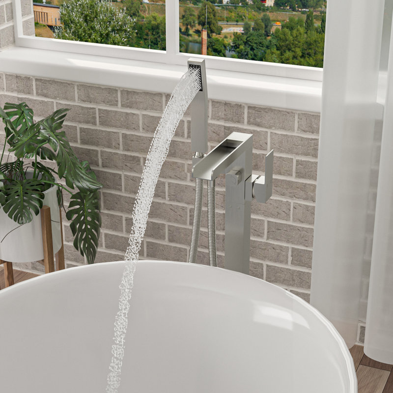 Freestanding Bathtub Faucet, 360 Waterfall Spout And Detachable Handheld, Dual Control, Brushed Nickel On Brass Faucet With Rotatable Hand Shower,