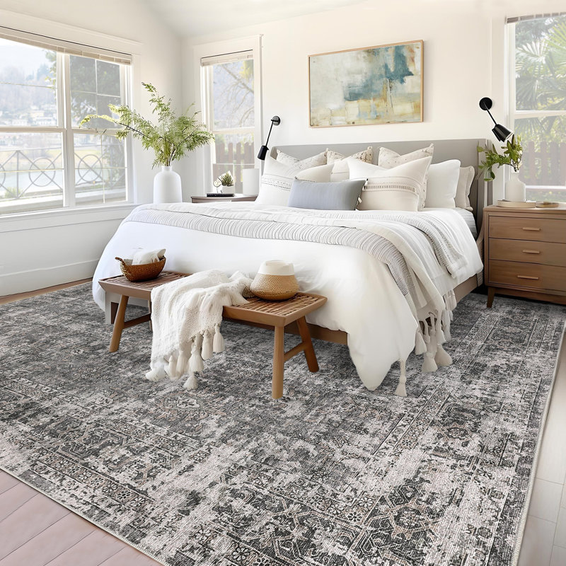 Machine Washable Rug Oriental Vintage Non-Slip Low Pile Rubber Backing Area Rug for Living Room Bedroom Kitchen Dining Room