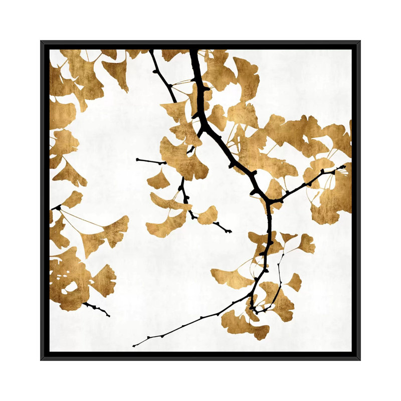 «Ginkgo in Gold II», impression sur toile, H 18 po x l 18 po x P 1,5 po, Toile avec cadre noir, Pas de tapis