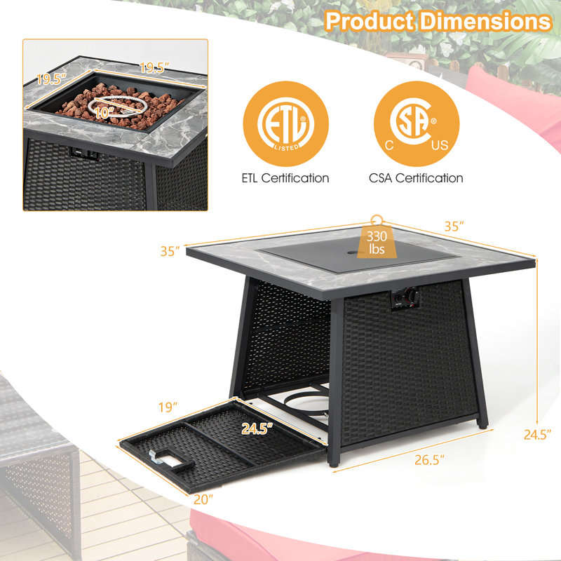 Anthone Square Steel, Stainless Steel, Marble, PE Rattan Propane Smokeless Fire Pit Table with Hidden Fuel Tank