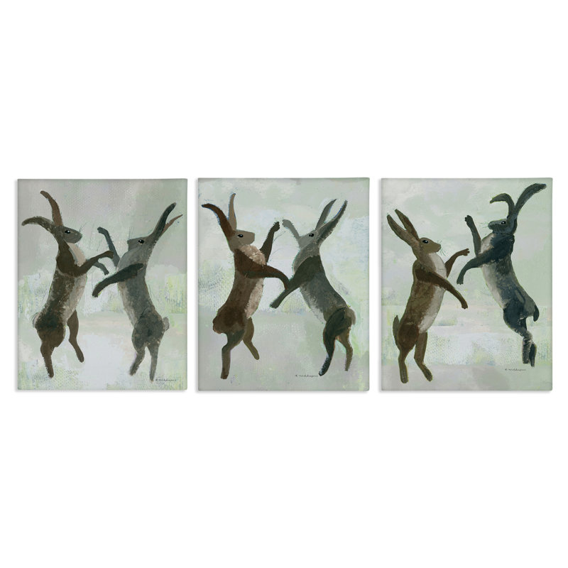 Ensemble de toile 3 pièces Battles Hares in Neutral Tones, design par Kay Widdowson, H 14 po x l 11 po